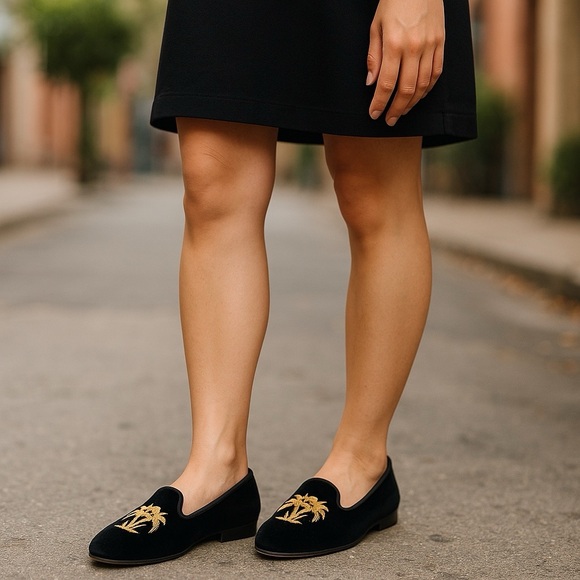 Stubbs & Wootton Shoes - Stubbs & Wootton Black Folly Noir Velvet Embroidered Loafers Slippers Shoes 10